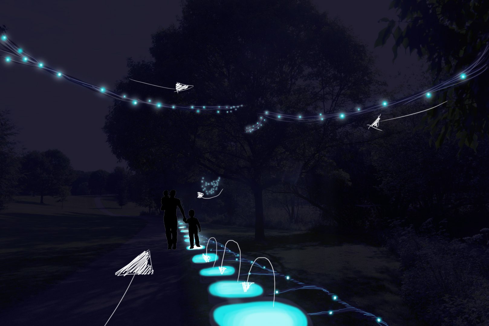 Le chemin du parcours, balisé de lumières, parcouru par des visiteurs