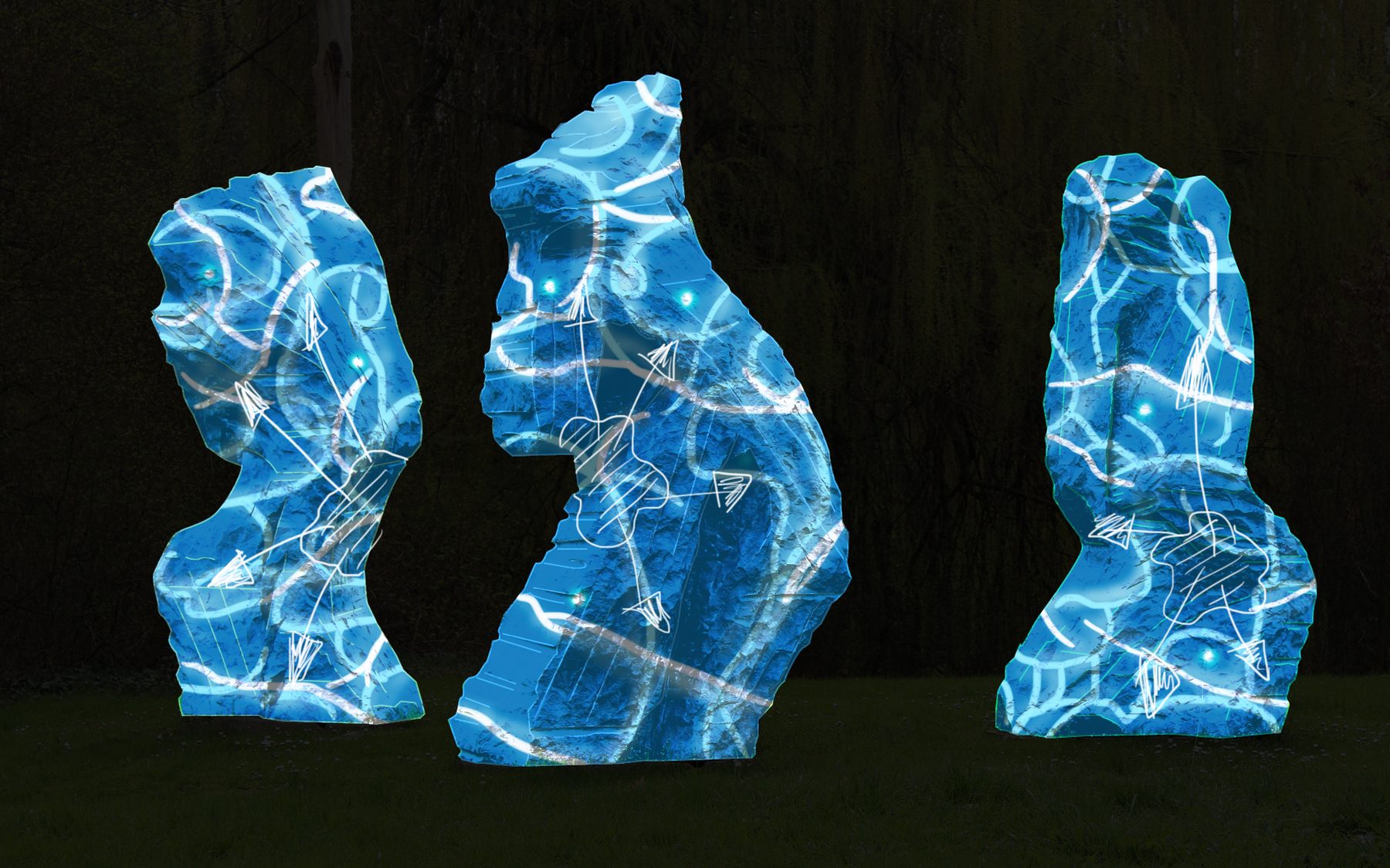 Acte 1 : les trois sculptures couvertes d'ondulations bleues