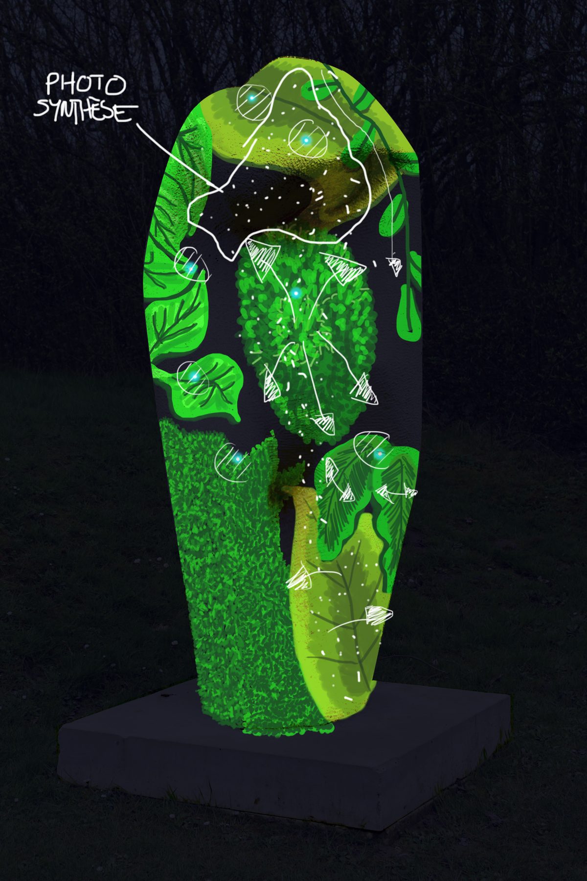 Acte 2 : la photosynthèse, feuillages et mousses projetés sur la sculpture